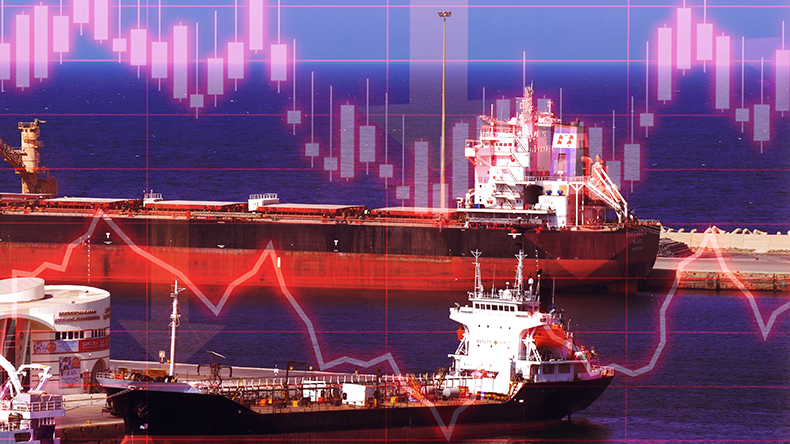 Energy Market Instability Concept with Oil Tanker and Financial Graph Overlay in Muscat