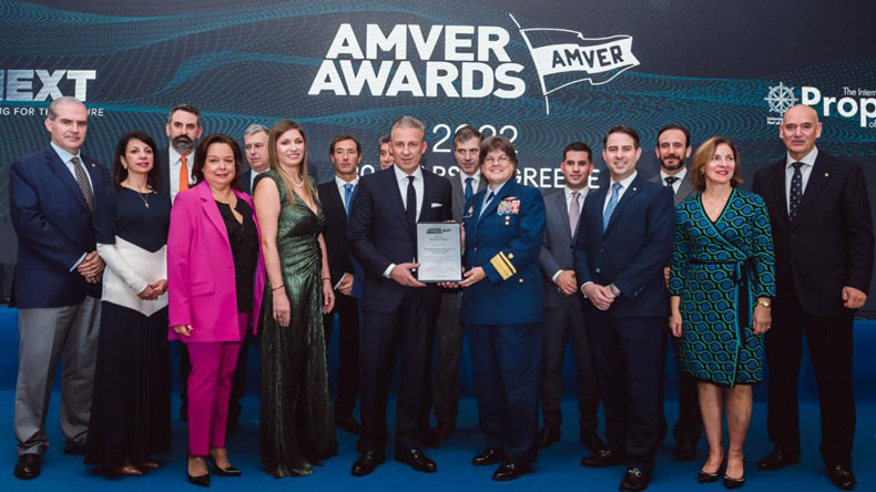 Propeller Club president Costis Frangoulis and Rear Admiral Laura M. Dickey of the US Coast Guard, together with the board of governors of the Propeller Club's Piraeus branch