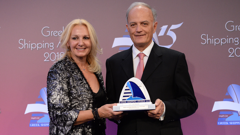 John Platsidakis receiving the Greek Shipping Personality of the Year 2018 trophy from Christina Margelou, Eurobank’s head of shipping