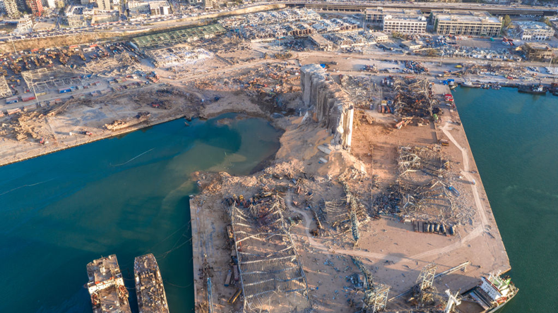 Aerial view of the Beirut port ruins Credit: Haytham El Achkar/Getty Images