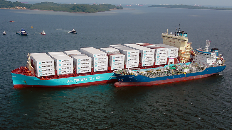 Maersk’s first dual-fuel methanol containership has bunkered with bio-methanol at the port of Singapore