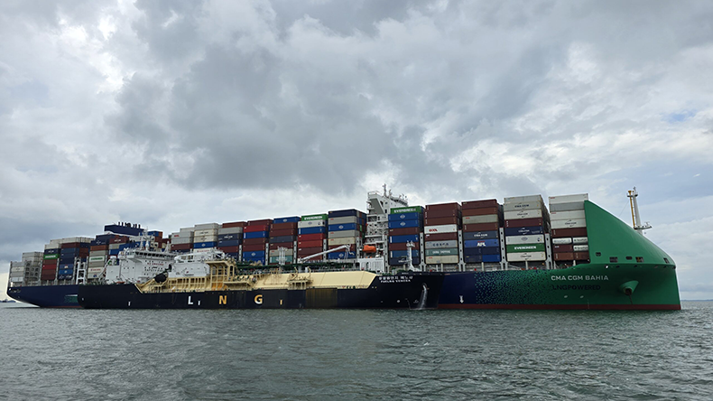 Ship-to-ship liquefied natural gas bunkering operation from bunker vessel FueLNG Venosa to containership CMA CGM Bahia in Singapore on July 1, 2024. 