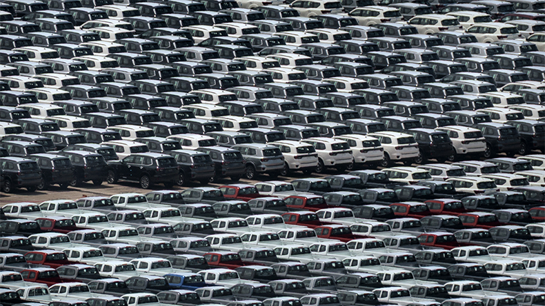 Cars are seen parked at the Tanjong Pagar container terminal on April 06, 2026 in Singapore