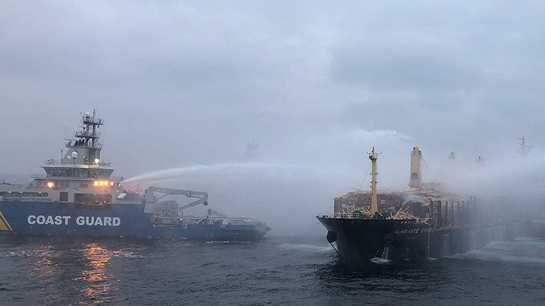 The vessel Almirante Storni caught fire at 1500 hrs on December 4. Credit: Swedish Coast Guard