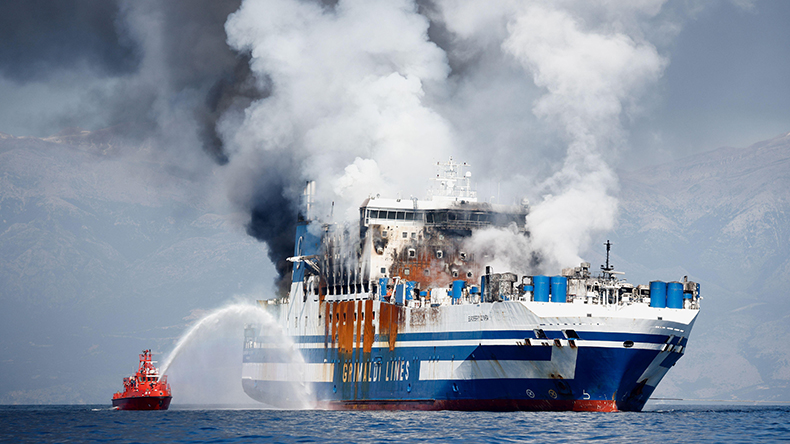 Euroferry Olympia, which sailed from Greece to Italy early on Friday and caught fire, off the coast of Corfu, Greece, February 19, 2022. credit REUTERS / Alamy Stock Photo