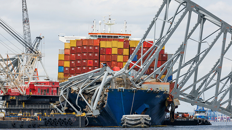 Salvage crews work on the wreckage of Francis Scott Key Bridge in Baltimore on Thursday, April 25, 2024