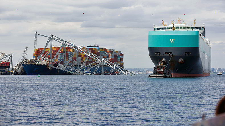 Carmen ro-ro ship sails past the wreckage of Francis Scott Key Bridge in Baltimore