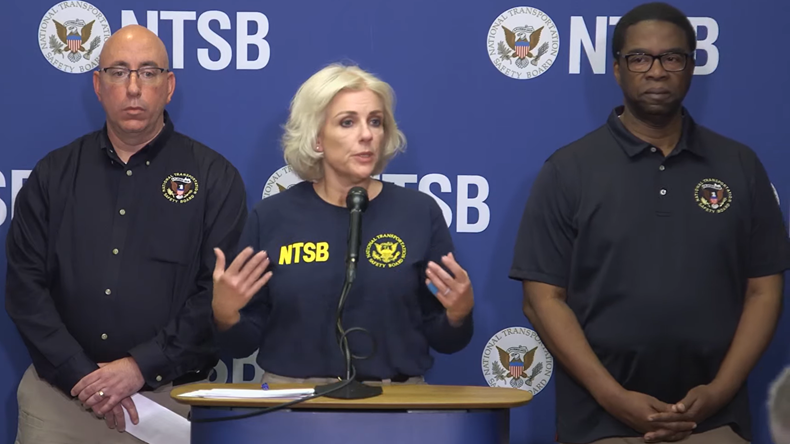 NTSB Presser youtube screenshot, source NTSB / YouTube 790x444. Jennifer Homendy (centre), Marcel Muise (left), Alvin Brown (right)