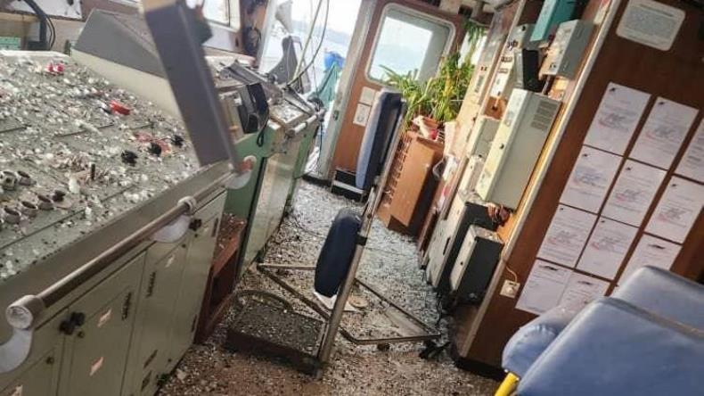 Saint Kitts and Nevis-flagged cargoship Paresa after being hit by a Russian missile in Odesa.