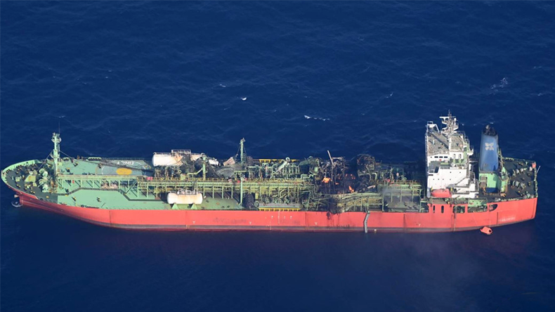 LPG tanker FALCON remains on fire and adrift