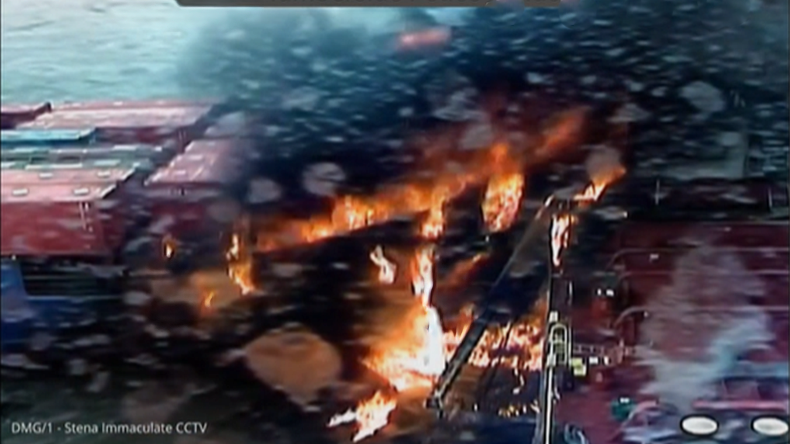 Containership Solong hitting tanker Stena Immaculate with flames erupting