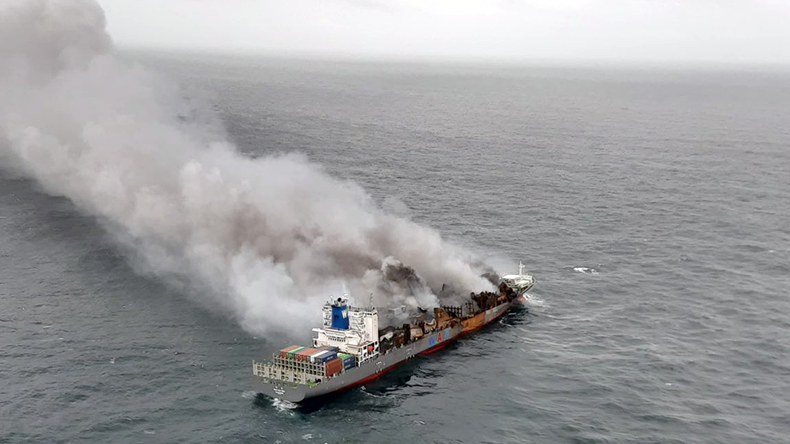 Wai Hai 503 containership on fire at sea