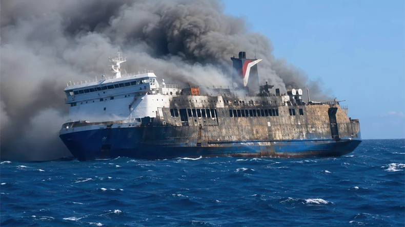 Ro-ro ferry Mutiara Sentosa II (IMO: 9021382) burning with smoke at sea