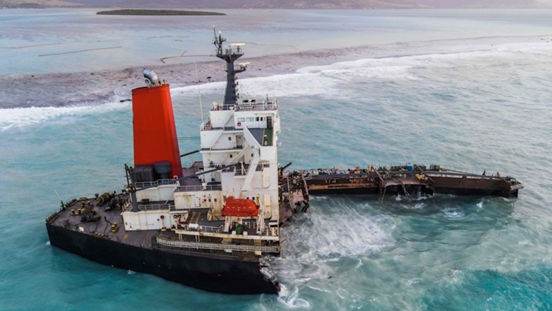 An aerial view taken in Mauritius on August 17, 2020, shows the MV Wakashio bulk carrier, belonging to a Japanese company but Panamanian-flagged, that had run aground and broke into two parts near Blue Bay Marine Park. (Photo by - / AFP) (Photo by An aerial view taken in Mauritius on August 17, 2020, shows the MV Wakashio bulk carrier, belonging to a Japanese company but Panamanian-flagged, that had run aground and broke into two parts near Blue Bay Marine Park. (Photo by - / AFP) (Photo by -/AFP via Getty Images))