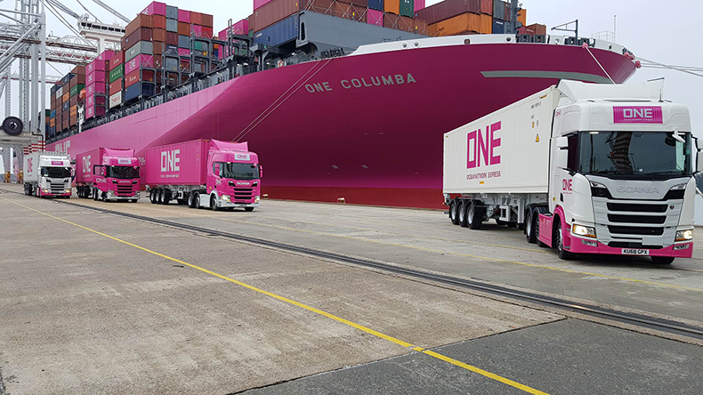 ONE Ocean Network Express ships and three trucks 