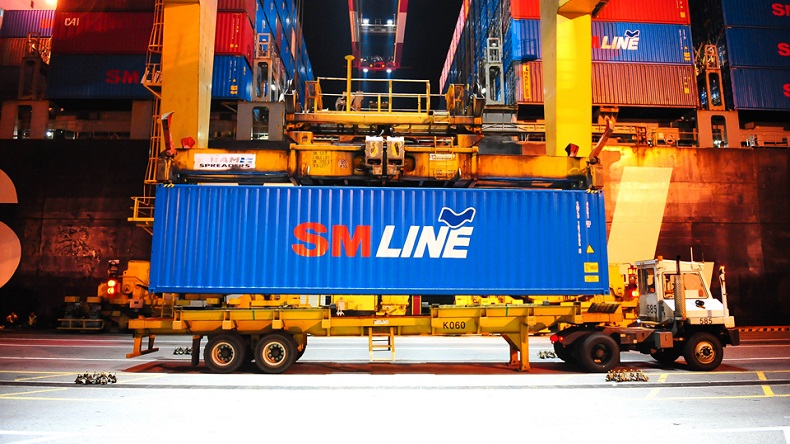 SM Line container on a truck being transported