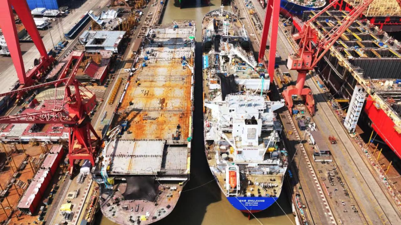 Aerial view of ships being built at Jiangnan Shipyard