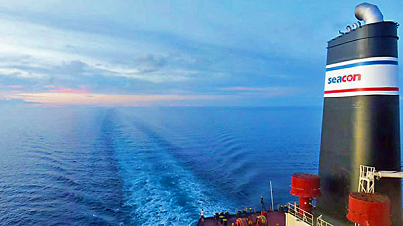 Seacon Shipping logo on a ship’s funnel at sea