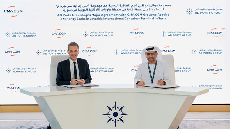 Trade agreement signed in Abu Dhabi, in presence of Captain Mohamed Juma Al Shamisi, Managing Director and Group CEO of AD Ports Group, right, and Rodolphe Saadé, Chairman and Chief Executive Officer of CMA CGM Group.