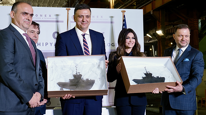 From left to right: Megatugs chief executive Paul Xiradakis, Greece’s minister of shipping and island policy Vassilis Kikilias, US ambassador to Greece Kimberly Guilfoyle, and Onex chief executive Panos Xenacostas.
