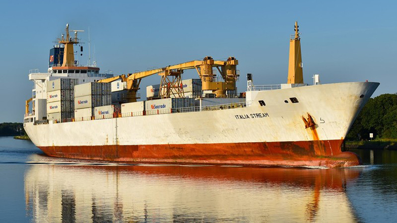 July 2020: The reefer Italia Stream at Kiel Canal. Built 1992 by Danyard A/S at Denmark, 13,930 dwt, 331 teu, IMO 9030137, Flag Bahamas. As of July 2020, Lloyd’s List Intelligence gives beneficial owner as Seatrade Holding B.V., the commercial operator and technical manager both Seatrade Groningen B.V., with the registered owner Italia Stream Shipping Company Limited