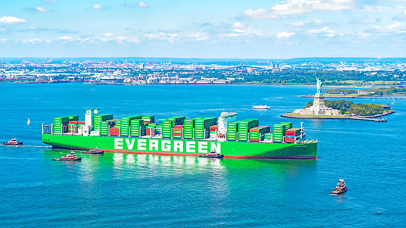 Evergreen containership Ever Max in front of the Statue of Liberty, New York 
