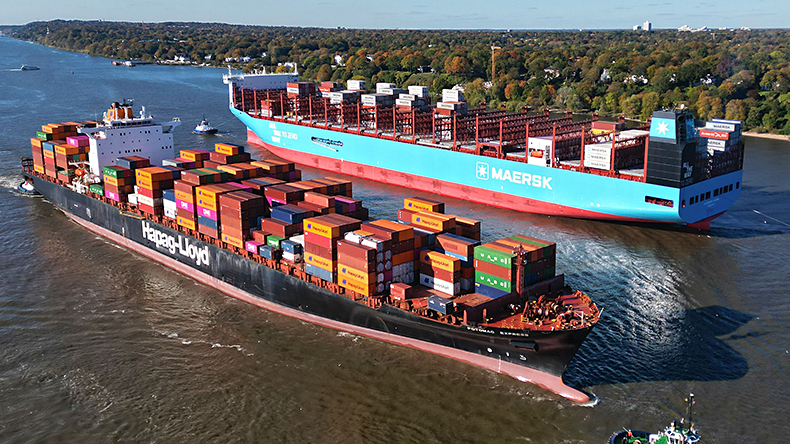 Two containerships passing on a canal