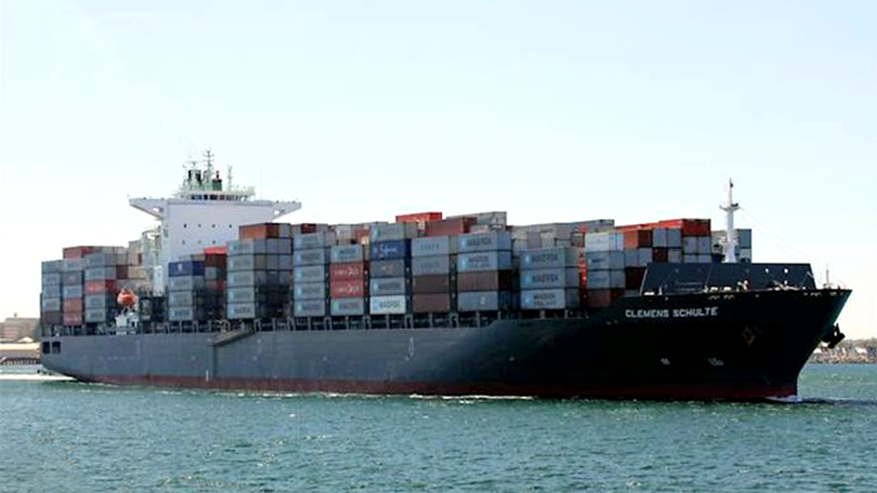 Containership Clemens Schulte loaded with boxes near port