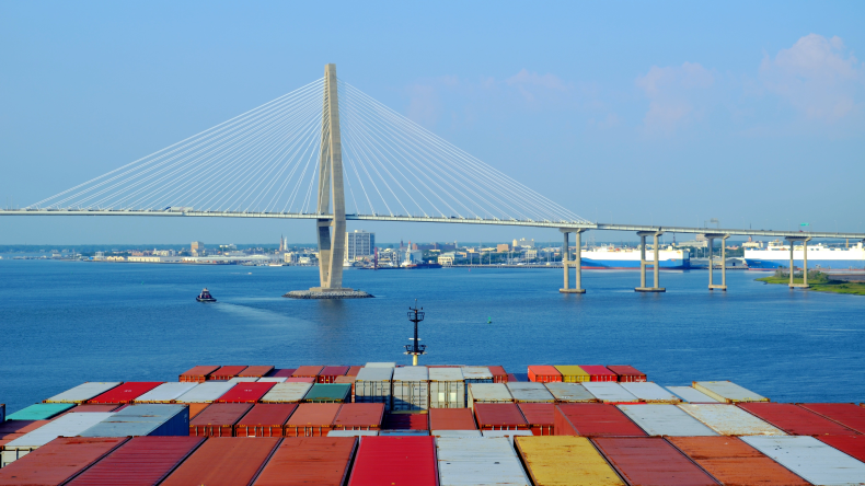 containership at charleston bridge by adobe