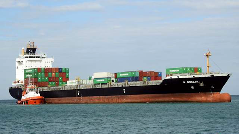 Containership A. Obelix loaded with boxes at sea