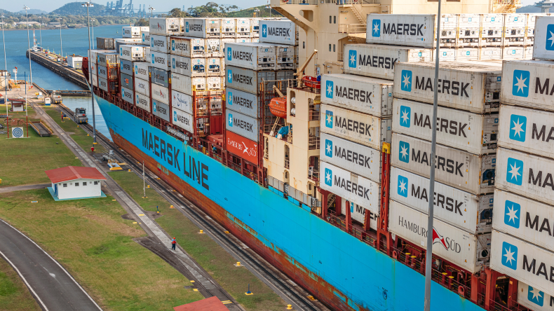 Maersk boxship in panama canal credit adobe