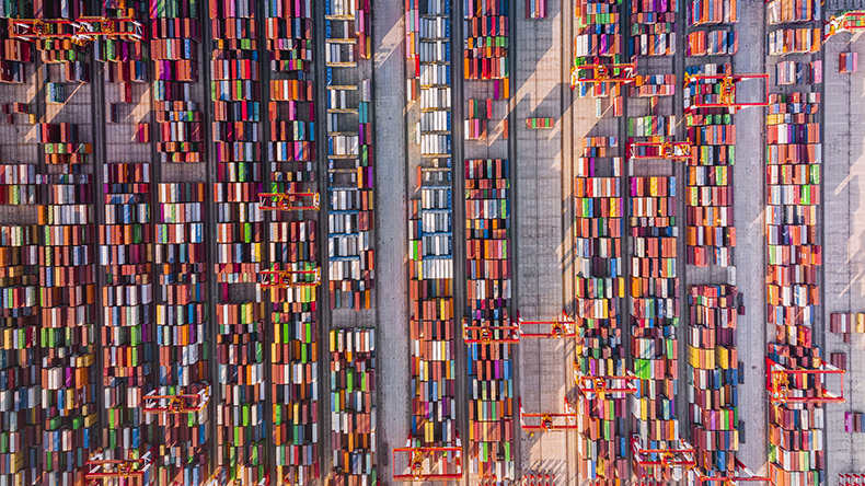 Aerial view many container boxes at port colourful