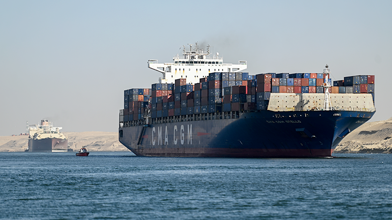 A CMA CGM containership transits the Suez Canal towards the Red Sea, near Ismailia, Egypt. 