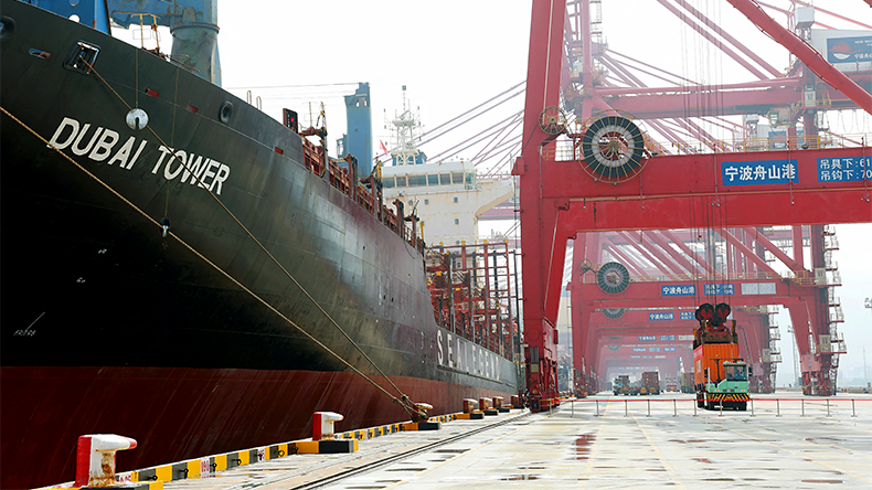 Dubai Tower owned by the Sea Legend is pictured at the Ningbo-Zhoushan port in Ningbo, eastern China's Zhejiang province on August 15, 2026