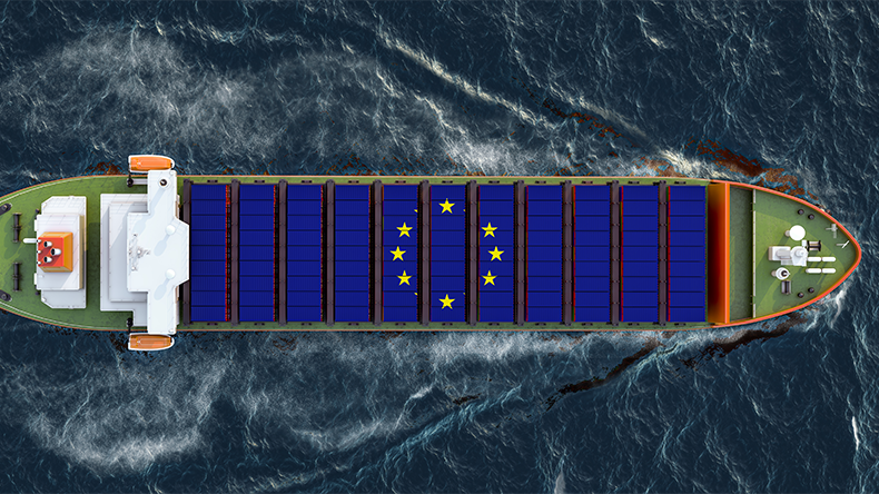 Ship with the European Union cargo containers sailing in ocean, 3D rendering