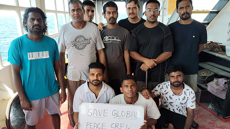 Abandoned crew of the Global Peace tanker. The issue is compounded by the fact that the tanker was sanctioned by the US Treasury in April 2025.