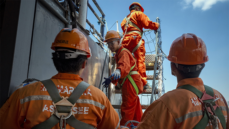 Cadet seafarers take part in drills at the Mariana Academy for Maritime Studies on March 19, 2026 in Manila, Philippines