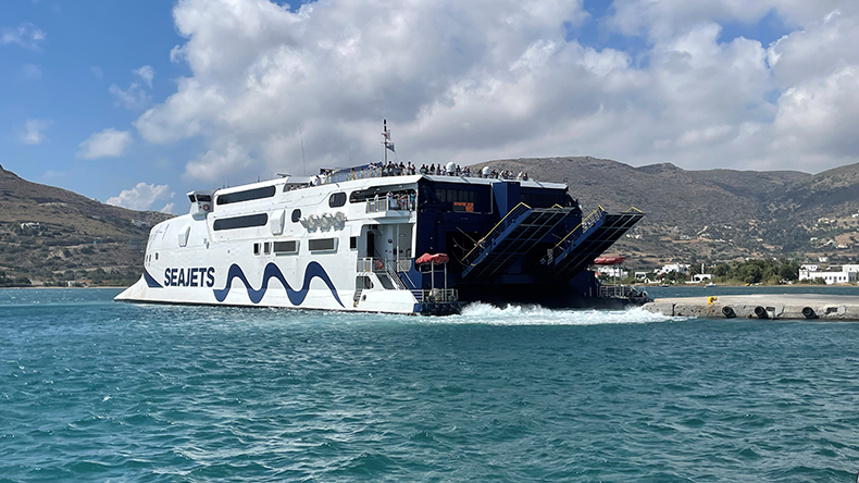 Seajets catamaran departing from Andros, Greece 