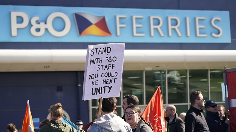 Protesters stand outside the P&O building at the Port of Hull