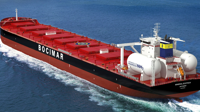 Bocimar bulk carrier with ammonia engine at sea  