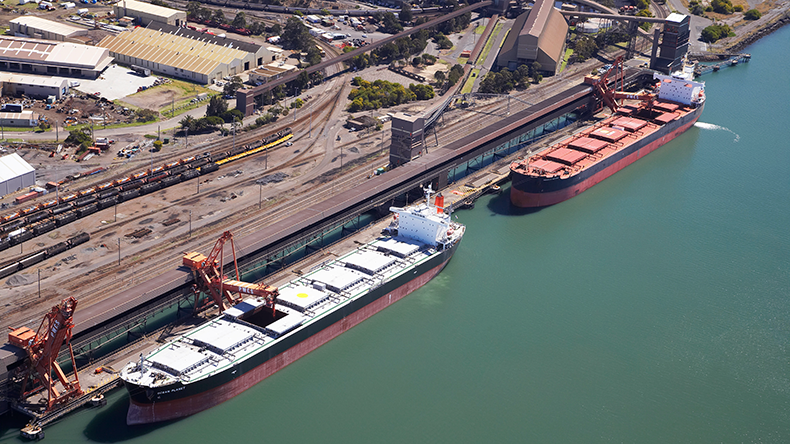 Coal ships loading at Newcastle, New South Wales, Australia aerial view