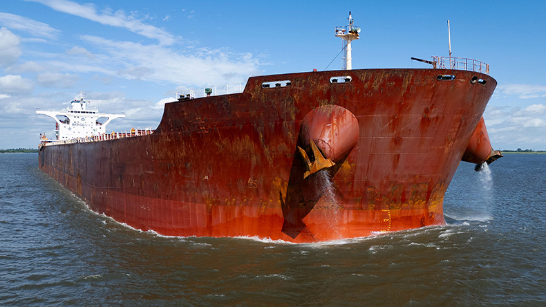 Capesize dry bulker from the front at sea
