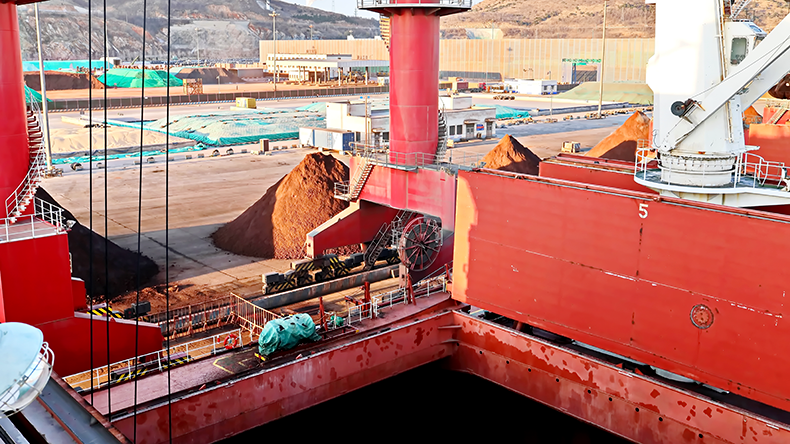 Cargo terminal for unloading bulk cargo of iron ore by shore cranes and grabs in China