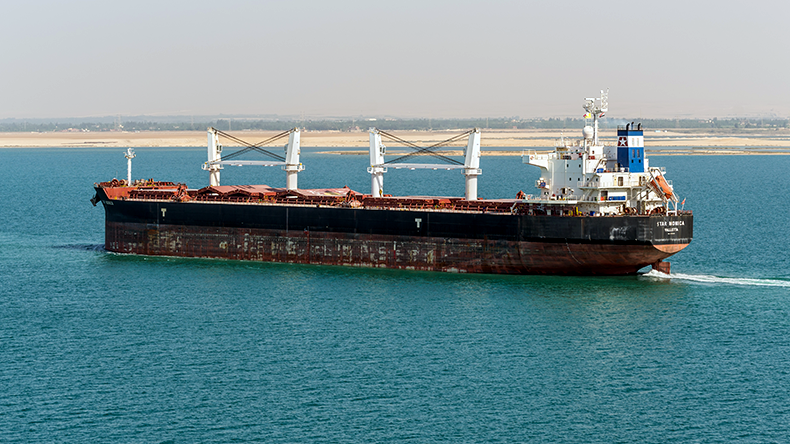 Bulk carrier vessel Star Monica passing Suez Canal in Egypt