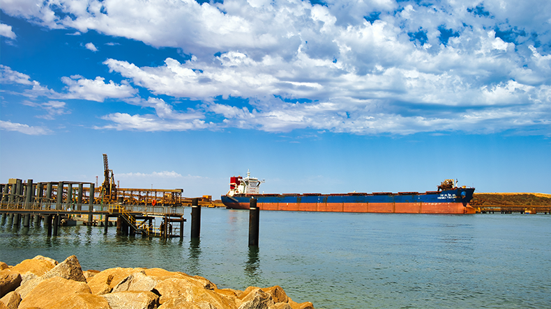Chinese bulk carrier is being loaded with Australian iron ore in the harbour of Port Hedland, in the northwest of Western Australia