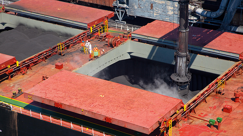 Bulk ship loading coal at Long Beach aerial view