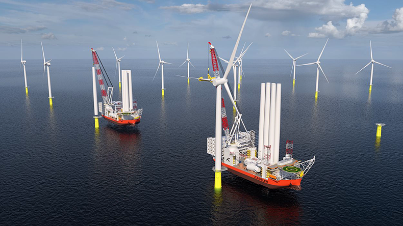 Offshore wind farm installation with two ships