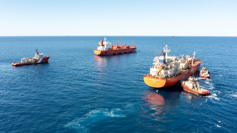 World’s first ship-to-ship ammonia transfer at anchorage in the port of Dampier, Pilbara region of Western Australia on September 14, 2024 