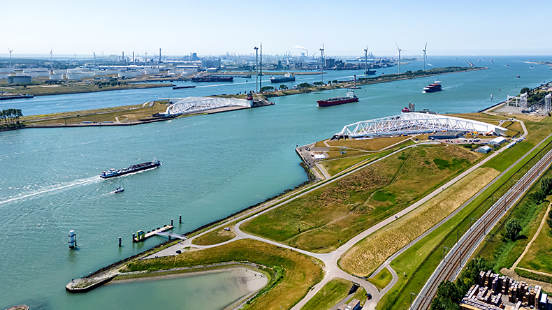 Aerial view of the Maeslant Barrier/Maeslant kering at the port of Rotterdam