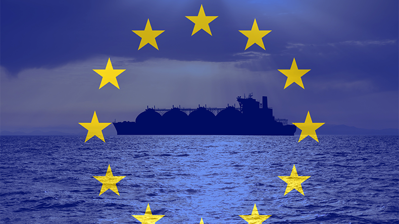 LNG carrier on the background of the EU flag